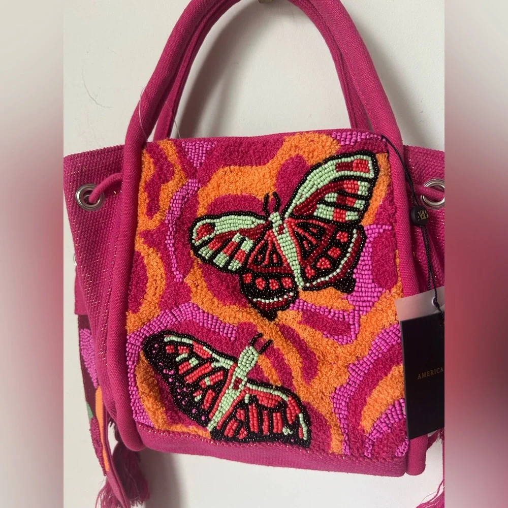 Viral America & Beyond Pink Beaded Butterfly Tote Bag